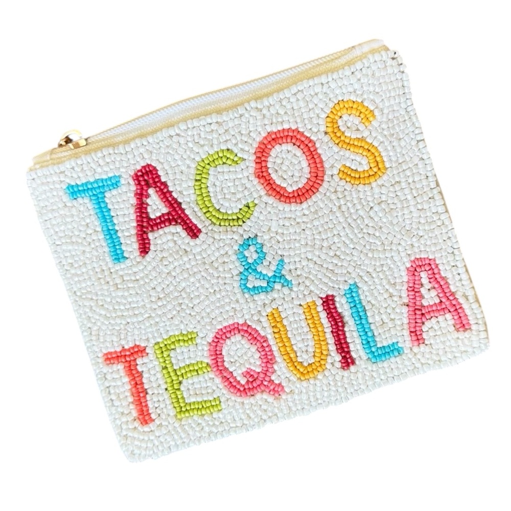 Handmade TACOS & TEQUILA Beaded Coin Purse Lipstick Pouch & Card Holder New!